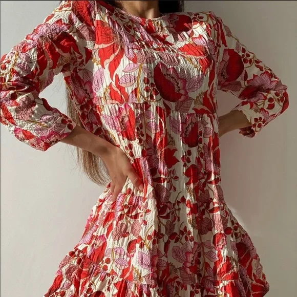 New Zara Mini Floral Dress S Red Pink - Picture 14 of 15